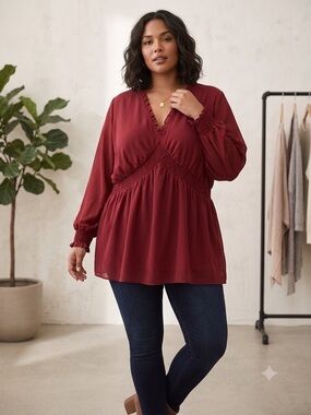 Ulla Popken Burgundy V-Neck Smocked-Waist Long Sleeve Tunic